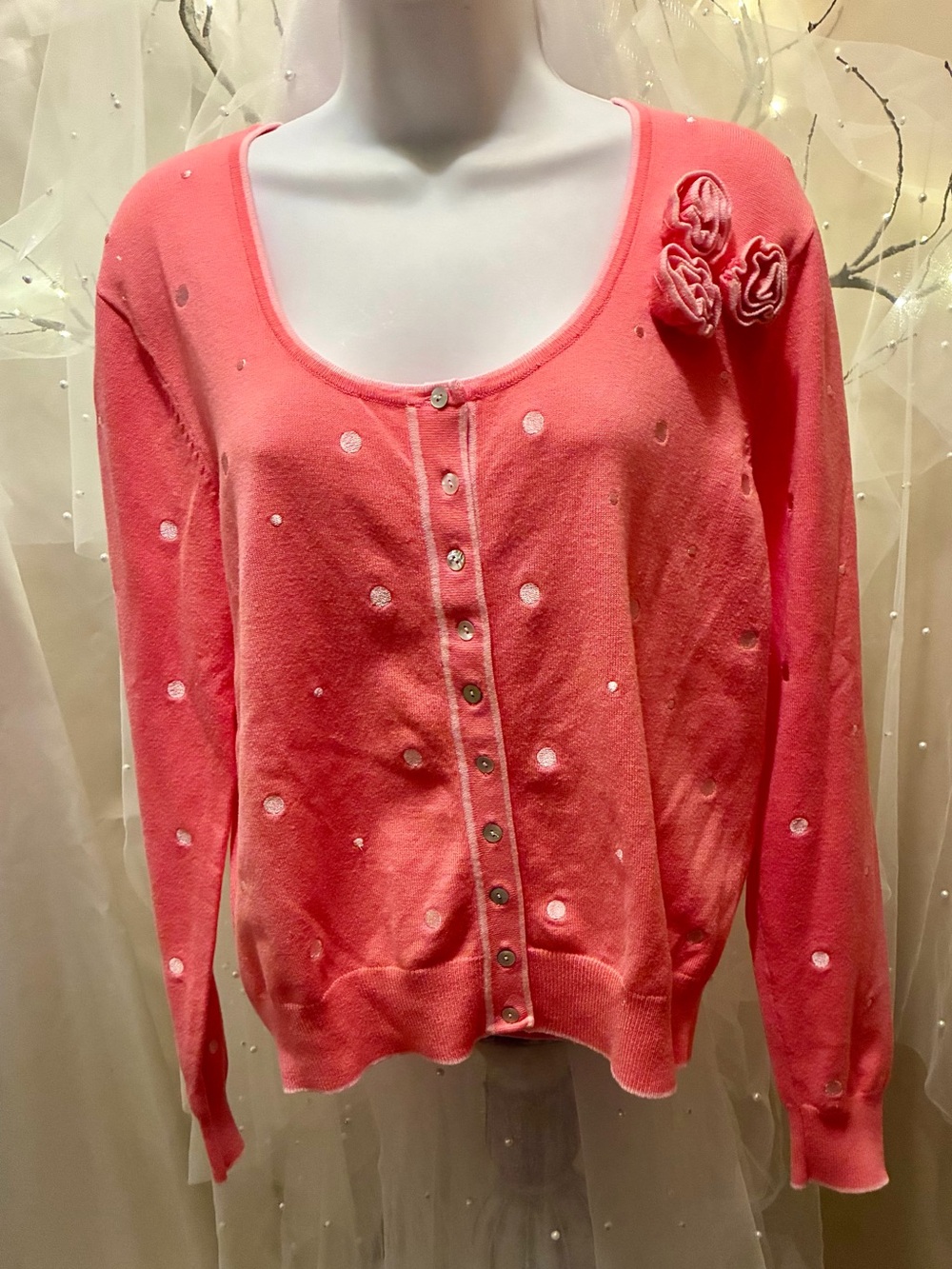 Peck & Peck Coral Pink Polka Dot Rosette Cardigan